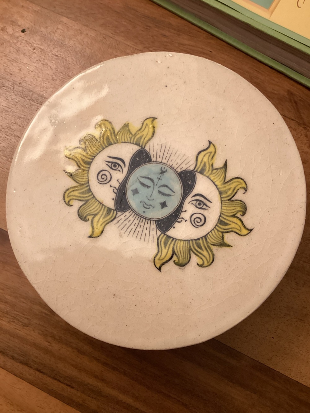Handmade pottery with sun and moon celestial pattern in natural and yellow 🌞🌛✨